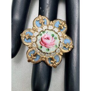 Vintage Romantic Porcelain Rose Brooch Rhinestones Blue Enamel Gold Tone